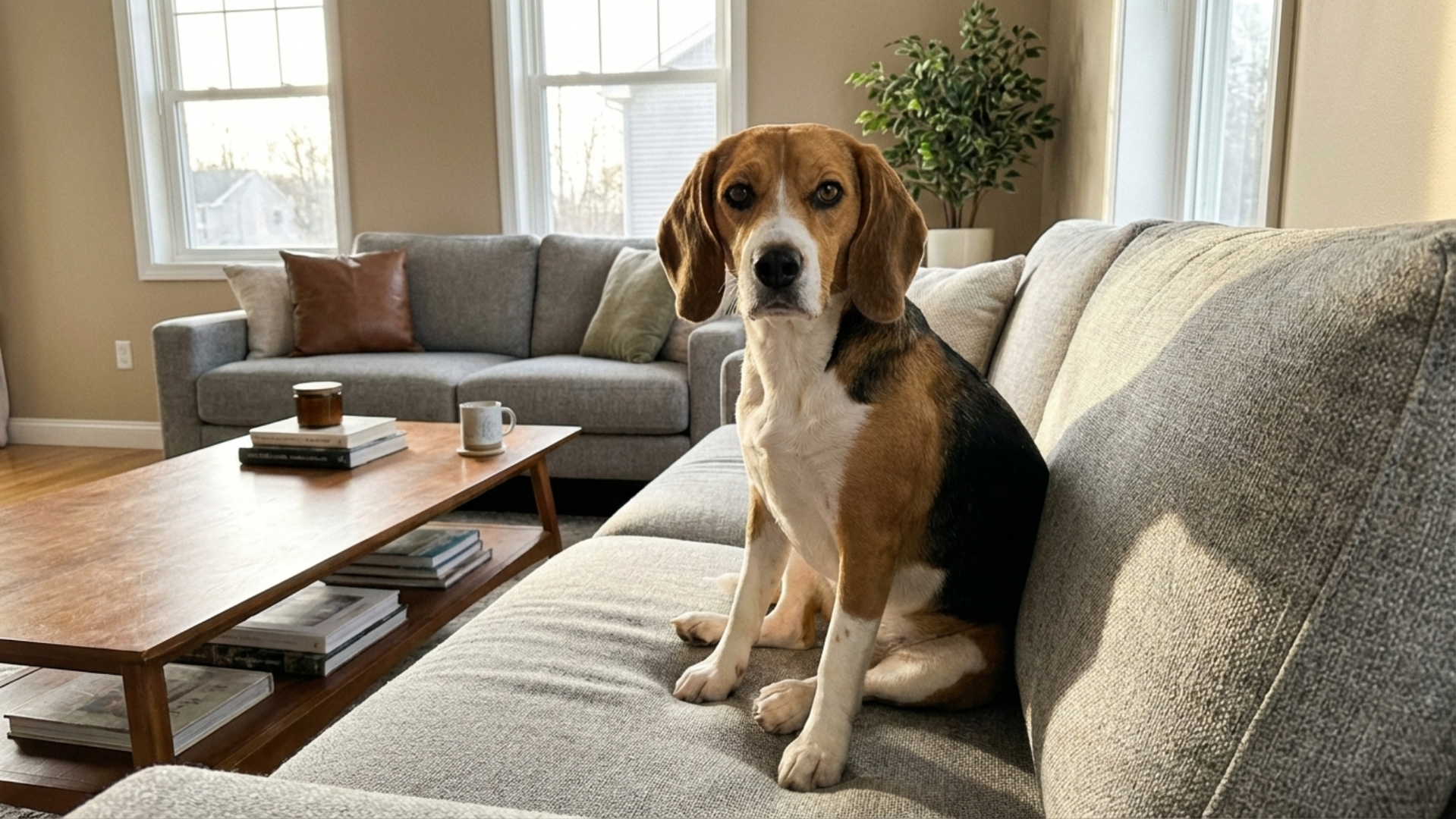 A dog sitting on sofa